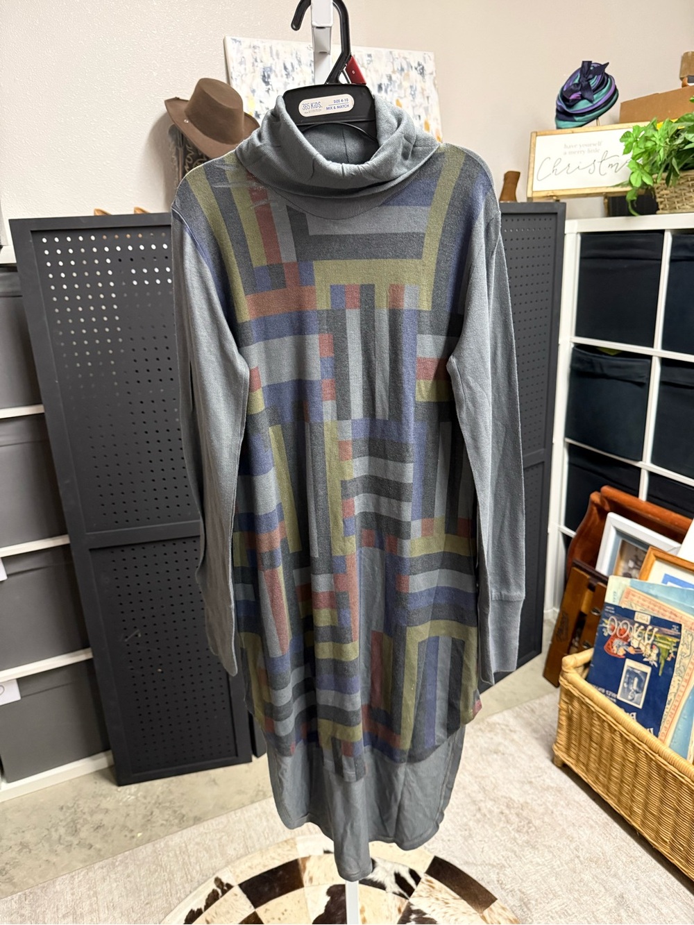 GO Couture Turtleneck Geometric Knit Sweater Dress Colorblock